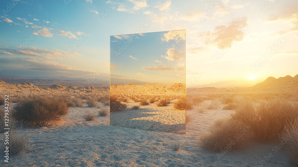 Poster a mirror reflecting the desert landscape during sunset, symbolizing the connection between reality a