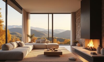 Modern living room with mountain view