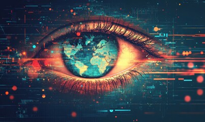 a digital eye with a world map iris. The eye is surrounded by data streams and vibrant digital elements, symbolizing global awareness, technology, and connectivity.