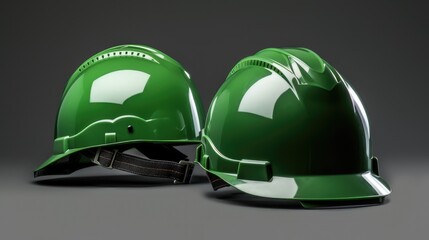 2 green clean protective helmet side and front view on a gray background. mockup