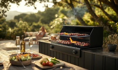 Summer Barbecue Party with Grilled Skewers and Friends Enjoying Outdoor Gathering in Warm Sunset Light