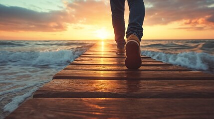 Person walking on wooden pier at sunset over ocean waves. Perfect for inspiration, life journey, or personal development themes.