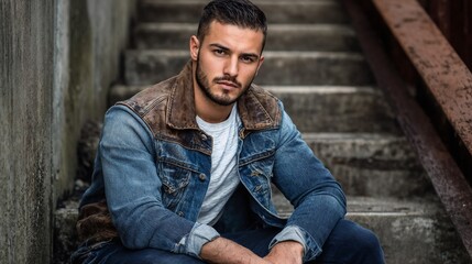 Obraz premium Rugged man in denim jacket sitting on concrete stairs. Perfect for urban fashion, streetwear campaigns, or authentic lifestyle content.
