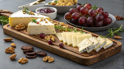 Gourmet cheese platter with grapes nuts elega