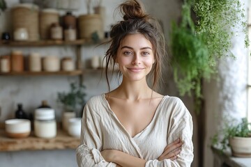 Happy European woman moisturizes facial skin standing with moisturizer cream jar at home bathroom interior. Daily Skincare concept