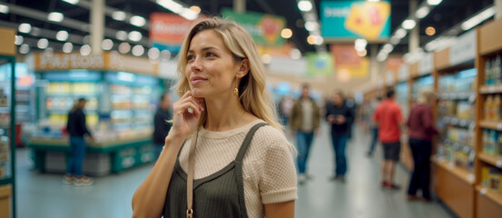 Woman Conversing on Cell Phone While Shopping at Grocery Store
