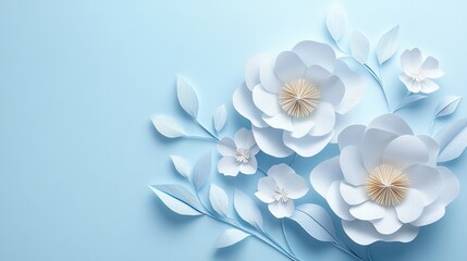 Obraz premium Elegant White Paper Flowers on Light Blue Background, Delicate Origami Floral Decoration, Handmade Art, Blooming Concept, Tender and Tranquil Artistic