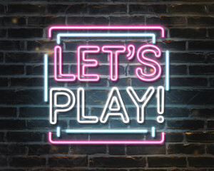 A dynamic and stylish neon text design saying "LET'S PLAY!" in pink, blue, and white, glowing against a dark brick wall background, perfect for gaming or entertainment themes. Gamer background