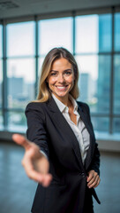 Confident Businesswoman in Suit Extending Hand for a Greeting