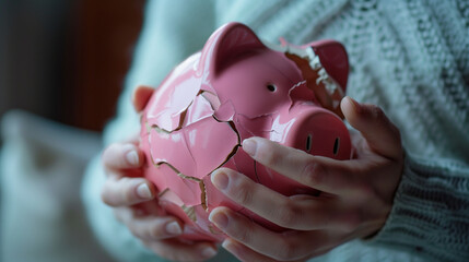 Person holding a cracked piggy bank or coins. Financial security concept. Broken money box. Finance saving goals for young adults in economic crisis, job loss, redundancy, housing, stagflation

