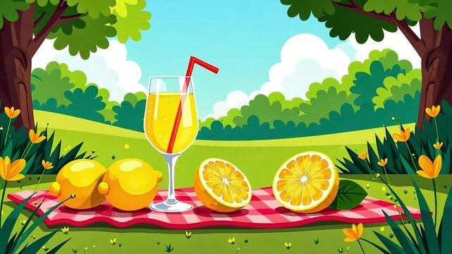 Lemonade is refreshing on a hot summer day. Lemon cocktail in a glass on a forest glade, picnic, cartoon vector style