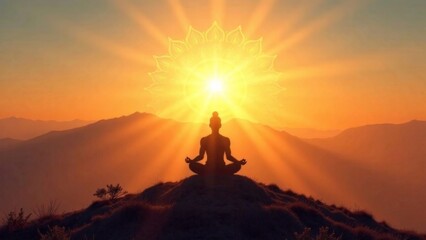 A person is sitting on a hillside, meditating in the sun. The scene is peaceful and serene, with the sun shining brightly and casting a warm glow over the landscape