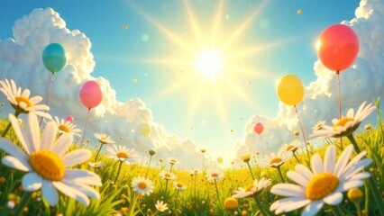 A field of flowers with a bright sun shining down on them. There are many balloons scattered throughout the field, adding a playful and whimsical touch to the scene. The bright colors of the balloons