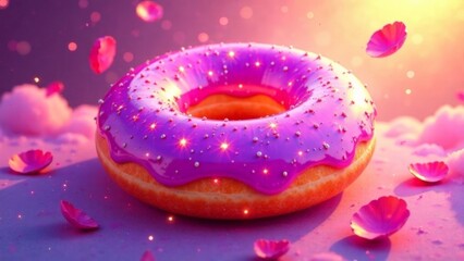 A pink donut with sprinkles on top. The donut is on a purple background