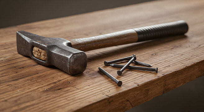 Hammer and nails on a wooden workbench