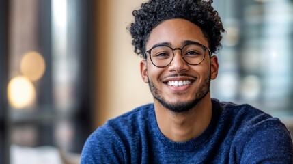 African American professional in blue sweater with genuine smile. Ideal for workplace diversity, modern career, or authentic leadership content.