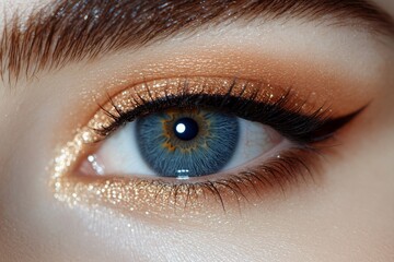 Obraz premium Closeup shot of beautiful female's eye with unusual blue and brown color, beige background, free space