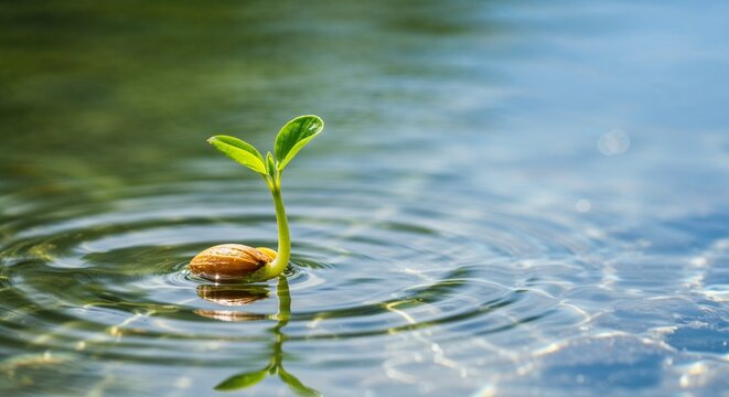 Sprouting plant with leaves growing from seed floating on rippling water surface, nature's resilience
