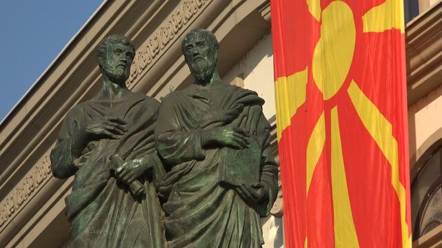 New statues and government building under construction in Skopje redevelopment program, capital city of Macedonia
