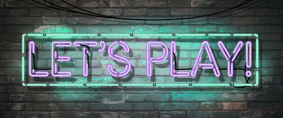 Neon text signage displaying "LET'S PLAY" in bright pink and cyan against a dark brick wall background, symbolizing gaming, entertainment, and a vibrant cyberpunk aesthetic. Gamer background