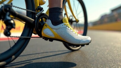 Naklejka premium A person is riding a bicycle with a shoe on the pedal. The shoe is yellow and white
