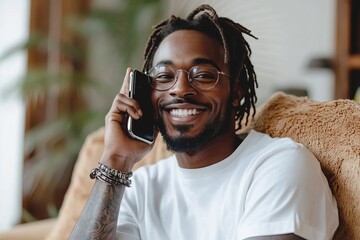 Mobile communication. Smiling African American man talking on cellphone, sitting on couch in living room and enjoying pleasant phone conversation, free