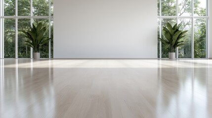 Modern empty room with large windows overlooking greenery. Interior design concept.  Possible use Home staging or real estate photography