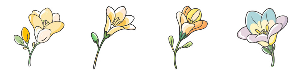 Naklejka premium Hand-Drawn Freesia Flower Illustration Set - A set of hand-drawn freesia flowers in soft yellow, orange, and purple shades, featuring delicate petals and green stems, perfect for floral designs. 