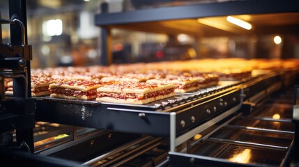 Industrial Bakery Production Line: Freshly Baked Pastries on Conveyor Belt