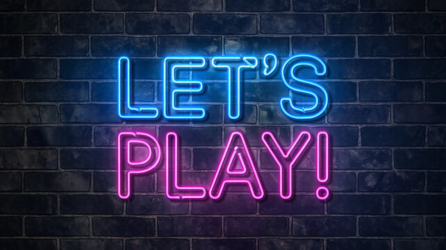 A vibrant neon sign reading "LET'S PLAY!" in blue and pink glows against a dark brick wall, symbolizing gaming and entertainment with a modern and energetic atmosphere. Gamer background - Powered by Adobe