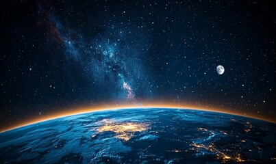 Obraz premium Dramatic Space Scene with Glowing Planet and Distant Moon Amidst Colorful Nebula, Nighttime Earth Captured from Space