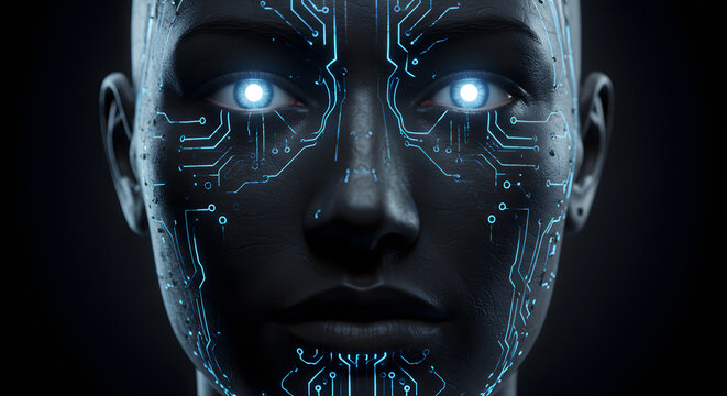 A futuristic digital face with circuit patterns, symbolizing artificial intelligence and technology.
