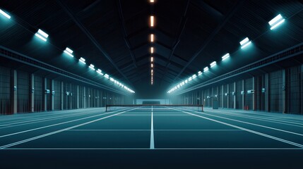 Obraz premium Empty indoor tennis court, modern warehouse, illuminated by spotlights. Possible use stock photo for architecture, sports, design