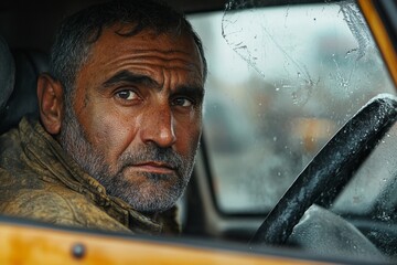 Fototapeta premium Stressed man sitting in the driver's seat of a car looks into the windshield