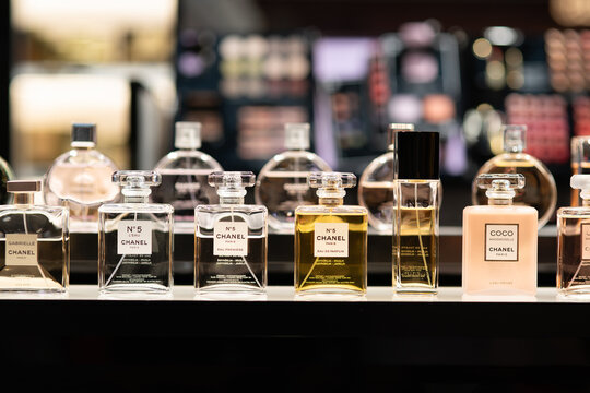 Kuala Lumpur, Malaysia - September 22, 2024: a selection of Chanel perfumes, including Chanel No. 5, displayed inside a retail store at Kuala Lumpur International Airport.