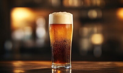 Refreshing cold draft beer in a tall glass with a frothy head, golden bubbles rising, against a warm, dark atmospheric background, inviting a taste