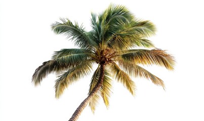 Tropical Coconut Palm Tree Overlooking Turquoise Ocean on a Sunny Day, Isolated on White Background, Perfect for Tropical Travel and Summer Vacation