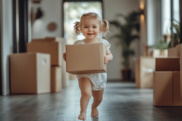 Happy child girl running indoors, exploring new big house moving in, parents holding boxes entering own home with kid daughter