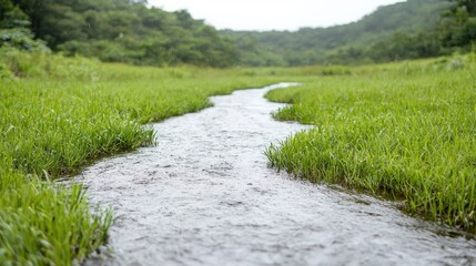 Obraz premium Stream flowing through grassy field, lush green landscape. Possible use Nature photography