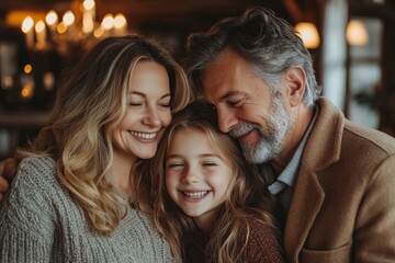 Obraz premium Happy loving family. European man, woman and girl hugging and smiling at each other, parents embracing their daughter standing in living room, copy