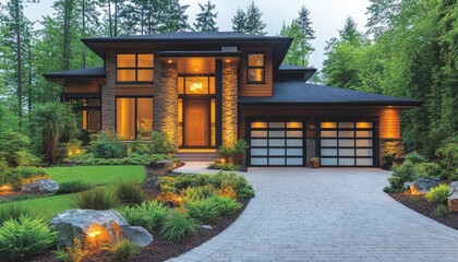 Modern house with stone accents, illuminated at dusk. Perfect for real estate, architecture, and home design projects.