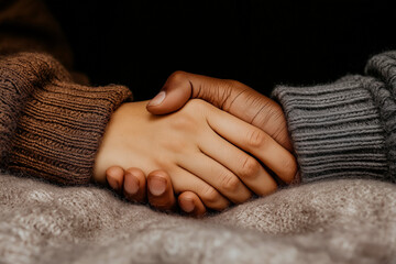A close-up of a couple's hands gently clasped together, wrapped in cozy knitted sweaters, symbolizing warmth, love, and emotional connection