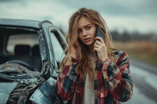 Road accident. Young European woman calling towing service on road, having phone conversation with mechanic near her broken auto - Powered by Adobe