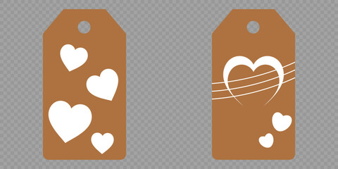 Set blank white paper price tags or gift tags. Set of gift or price tags shapes with hearts and love. Vector templates for cutting. Valentine's Day tag stencils. Mock up paper price tags or gift tags