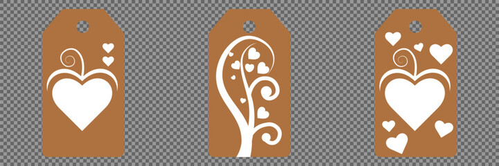 Set blank white paper price tags or gift tags. Set of gift or price tags shapes with hearts and love. Vector templates for cutting. Valentine's Day tag stencils. Mock up paper price tags or gift tags