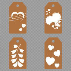 Set blank white paper price tags or gift tags. Set of gift or price tags shapes with hearts and love. Vector templates for cutting. Valentine's Day tag stencils. Mock up paper price tags or gift tags