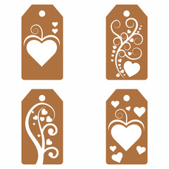 Set blank white paper price tags or gift tags. Set of gift or price tags shapes with hearts and love. Vector templates for cutting. Valentine's Day tag stencils. Mock up paper price tags or gift tags