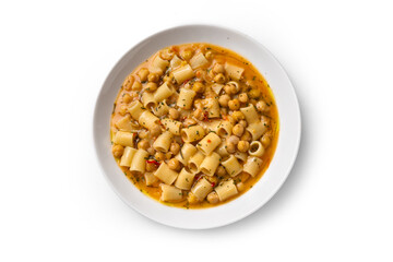 Piatto di pasta e ceci, classica ricetta della cucina italiana del sud, dieta mediterranea, cibo europeo 