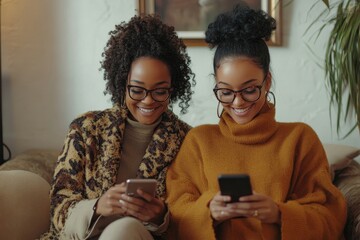 Happy mom with teen daughter using phone together at home, watching social media videos, doing online shopping on smartphone sitting on sofa together