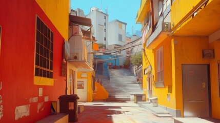 Vibrant alleyway in a sunny, colorful city.